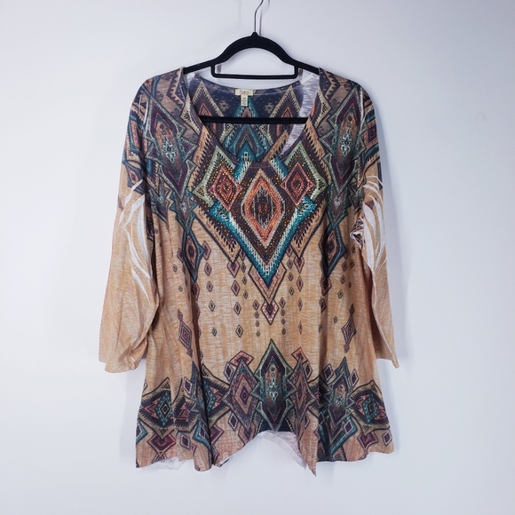 Reba Bohemian Geometric Print Top - Multicolor, Size 2X* - Picture 1 of 5